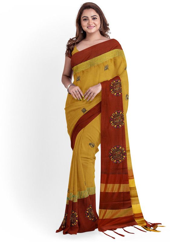 Embroidered Bollywood Cotton Silk Saree  (Maroon, Beige)