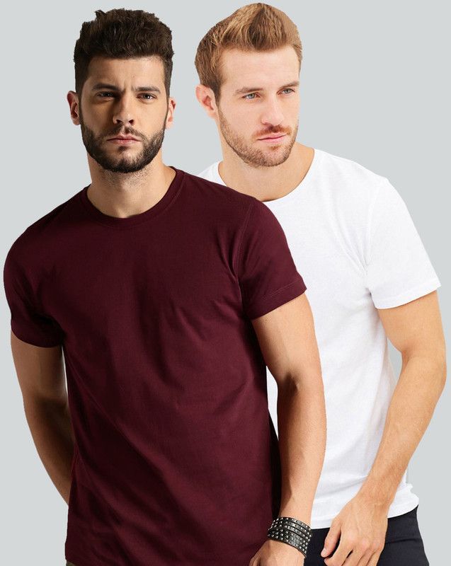 Pack of 2 HS-PLAIN Men Solid Round Neck Pure Cotton White, Maroon T-Shirt