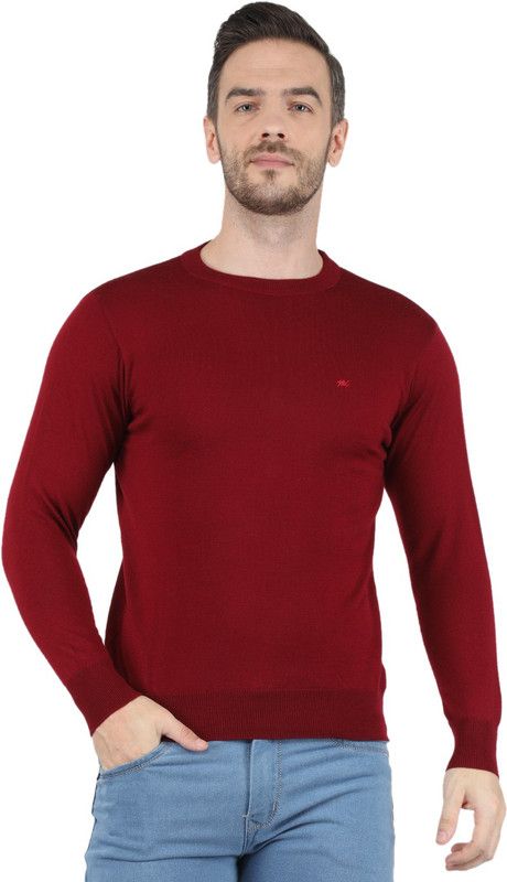Men Solid Round Neck Maroon Sweater