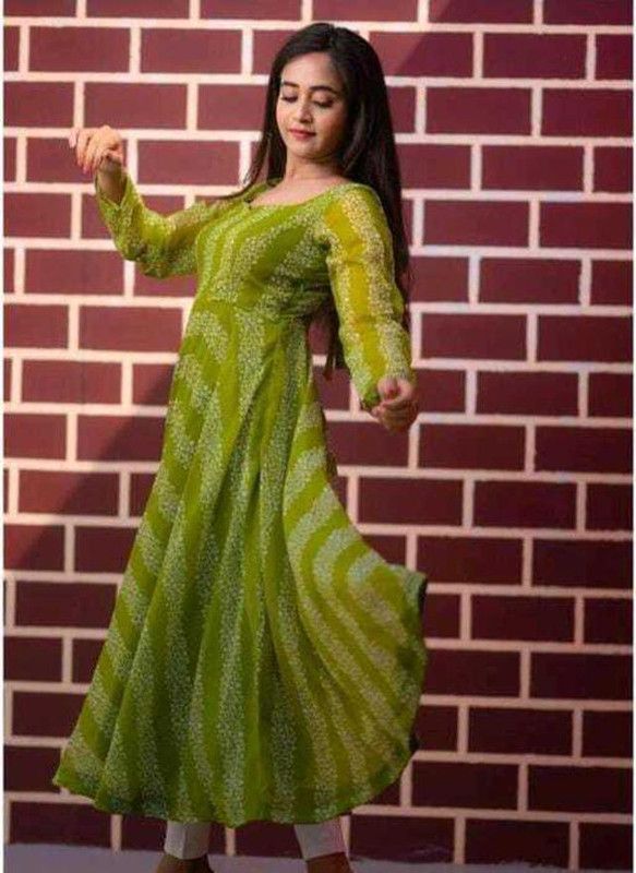 Women Self Design Georgette Gown Kurta  (Green)