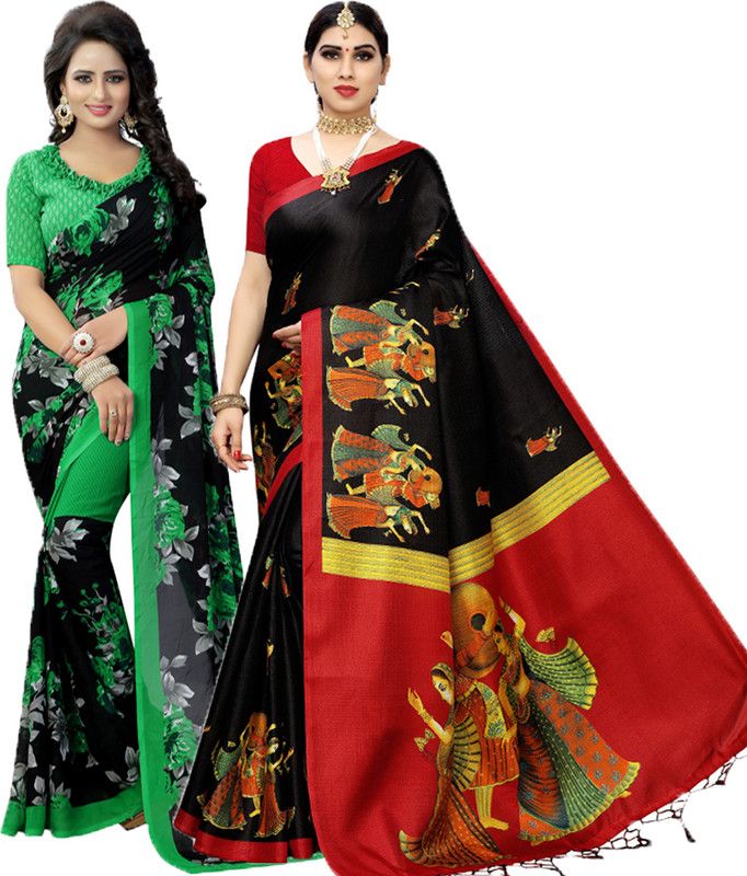 Geometric Print Daily Wear Georgette Saree  (Pack of 2, Green, Red)