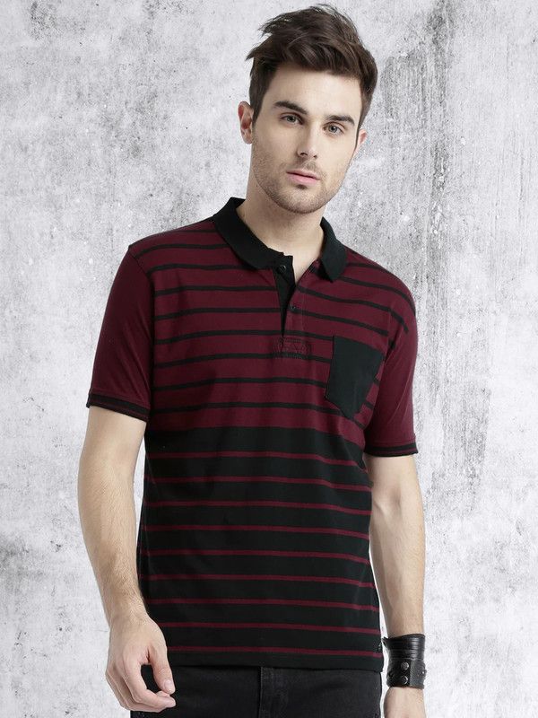 Men Striped Polo Neck Pure Cotton Pink, Black T-Shirt