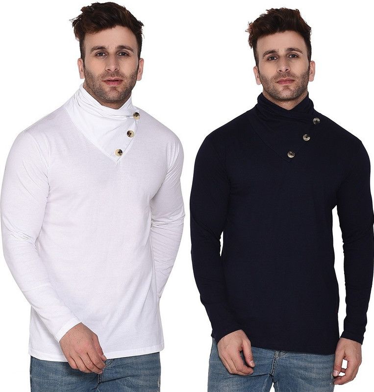 Pack of 2 Men Solid High Neck Cotton Blend Dark Blue, White T-Shirt