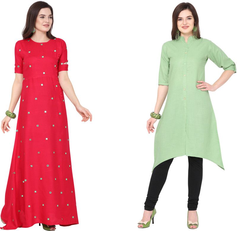 Pack of 2 Women Embellished Viscose Rayon, Cotton Blend Flared Kurta  (Green, Pink)