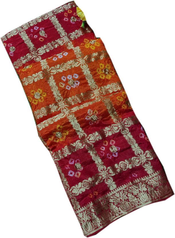 Woven, Checkered Banarasi Jacquard, Art Silk Saree  (Red, Orange)