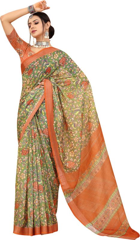 Digital Print Kalamkari Cotton Linen Saree  (Multicolor)