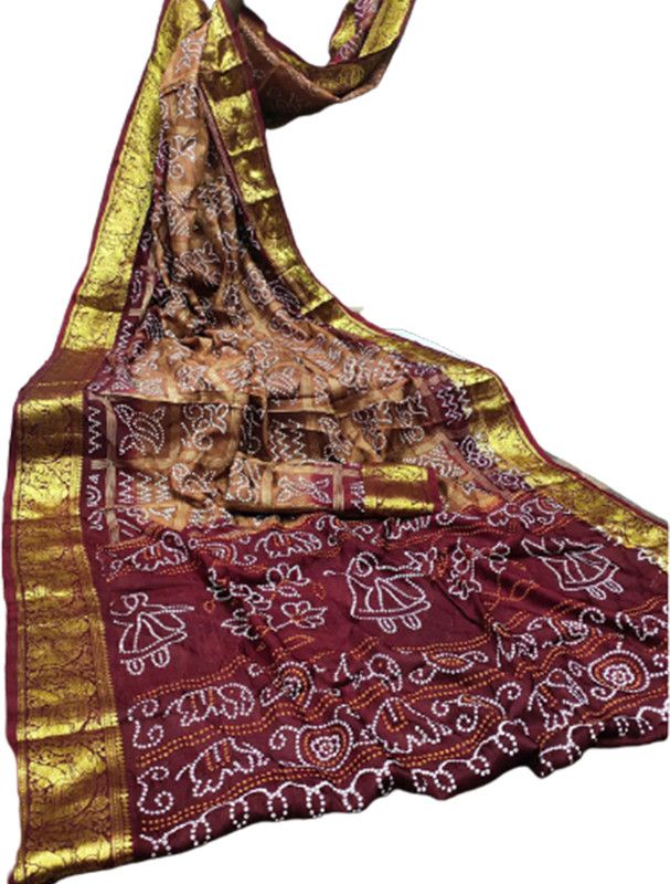Hand Painted Bandhani Pure Silk Saree  (Beige)