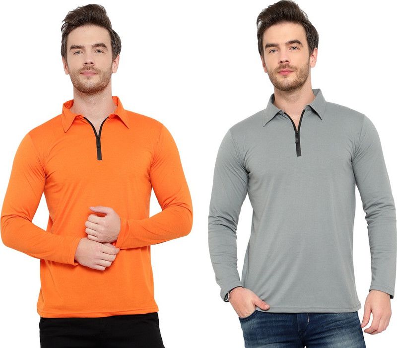 Pack of 2 Men Solid Polo Neck Cotton Blend Silver, Orange T-Shirt