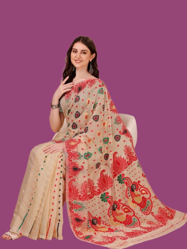 Woven Jamdani Handloom Cotton Silk, Muslin Saree  (Cream)