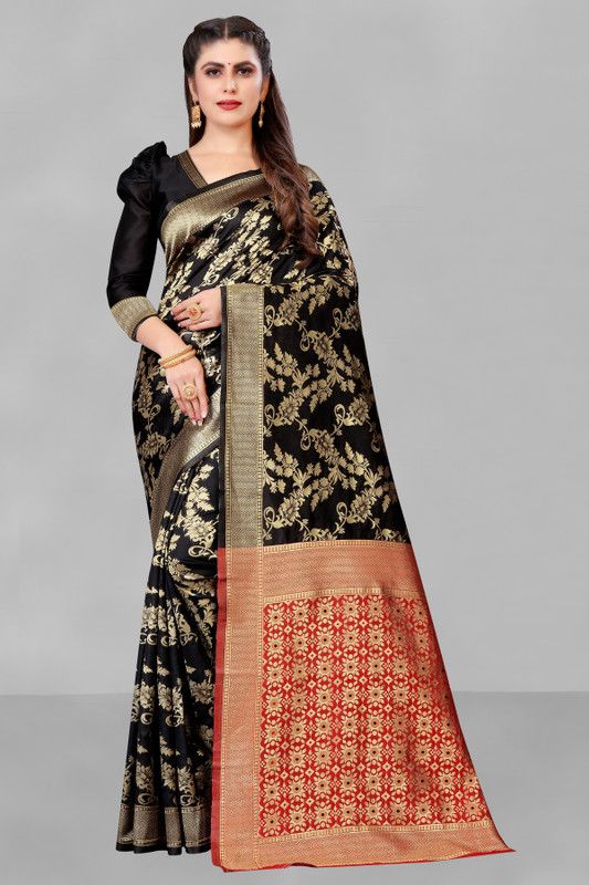 Self Design Kanjivaram Silk Blend, Art Silk Saree  (Black)