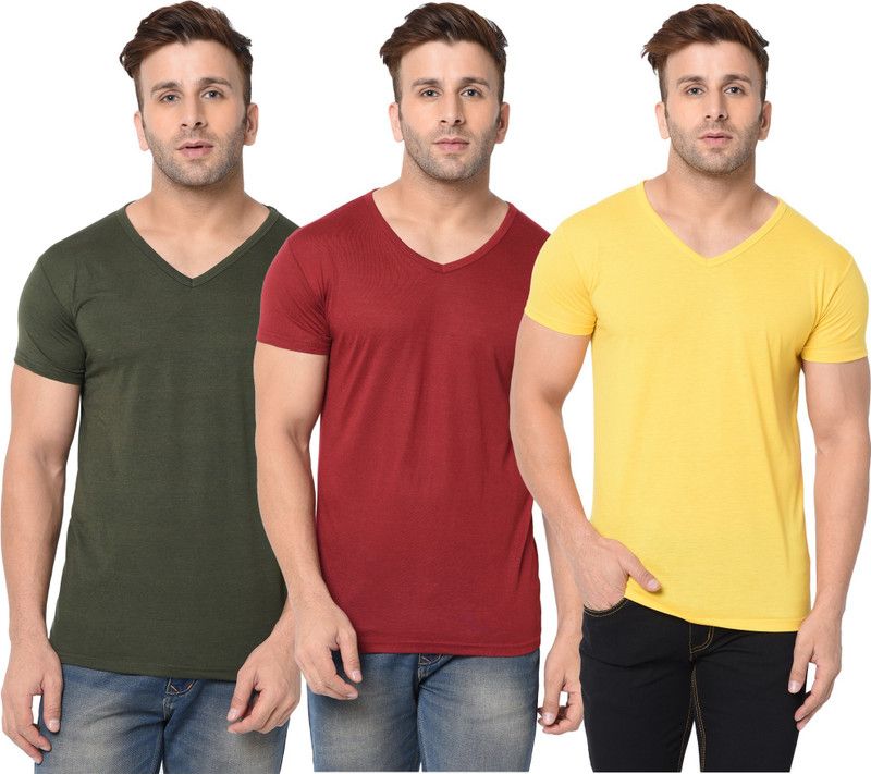 Pack of 3 Men Solid V Neck Cotton Blend Green, Maroon, Yellow T-Shirt