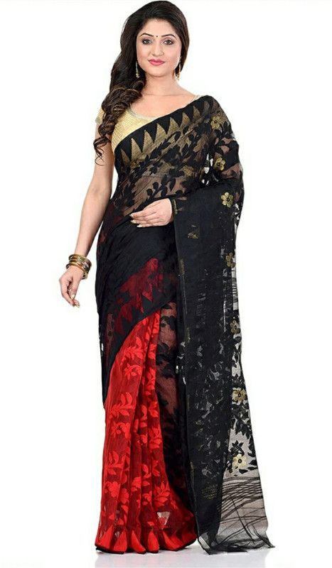 Self Design, Woven Jamdani Pure Cotton Saree  (Red, Black)