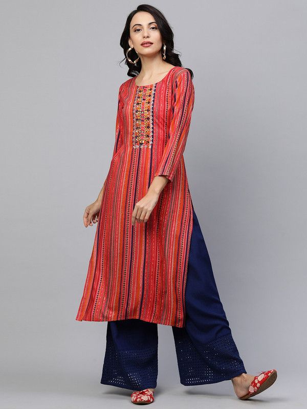 Women Striped Viscose Rayon Straight Kurta  (Red)