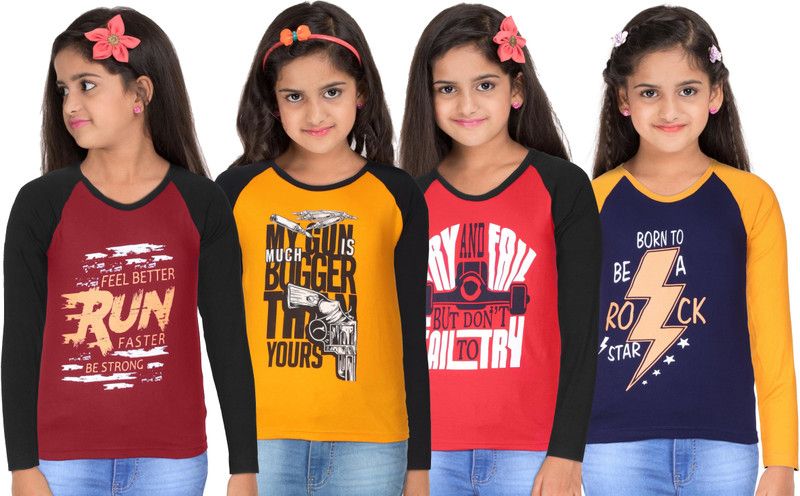 Girls Typography, Graphic Print Pure Cotton T Shirt  (Multicolor, Pack of 4)