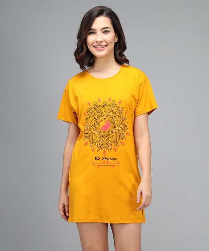 LATEST LONG FIT TSHIRT Women Printed Round Neck Pure Cotton Yellow T-Shirt