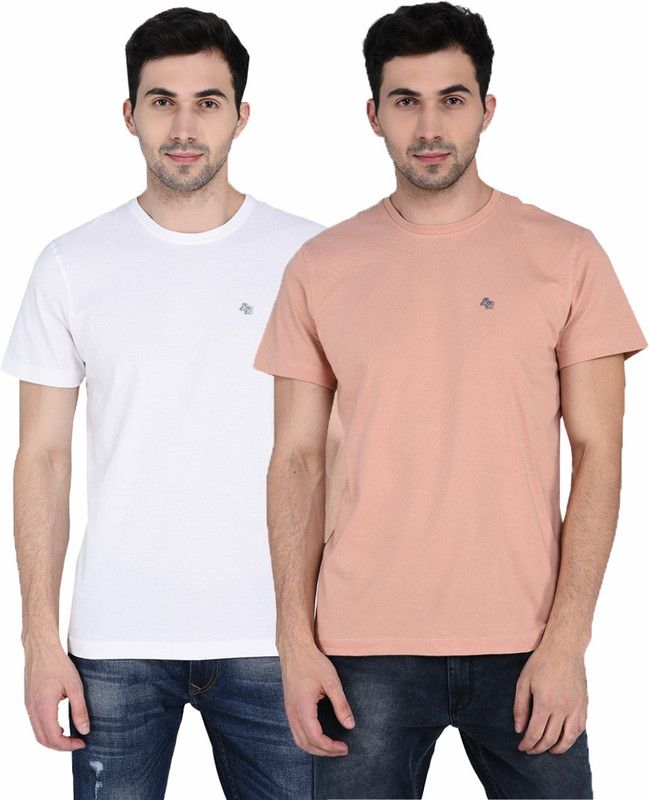 Pack of 2 Men Solid Round Neck Cotton Blend White, Pink T-Shirt