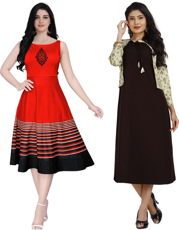 Women Fit and Flare Red, Brown Dress