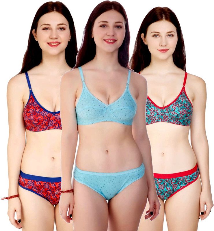 Bra & Panty Set Embroidered Light Blue, Red, Green Lingerie Set