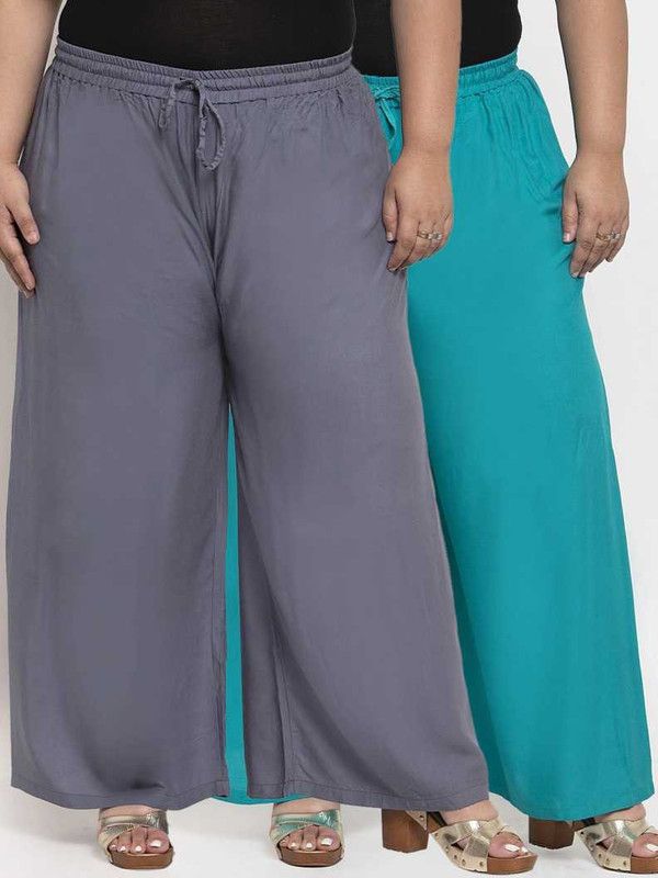 Pack of 2 Women Regular Fit Grey, Blue Viscose Rayon Trousers