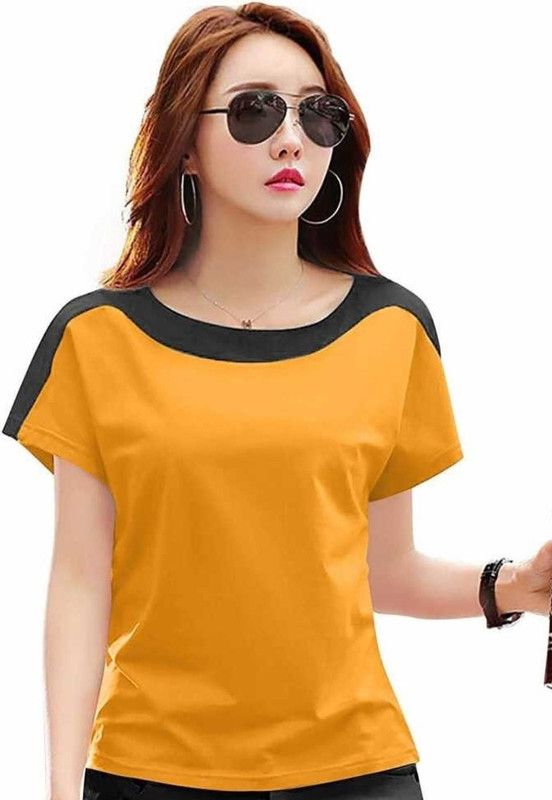 Women Solid Round Neck Cotton Blend Black, Yellow T-Shirt