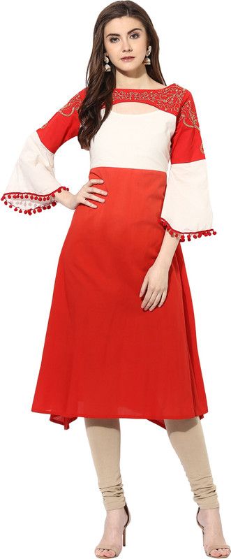 Women Embroidered Cotton Blend A-line Kurta  (Red, White)