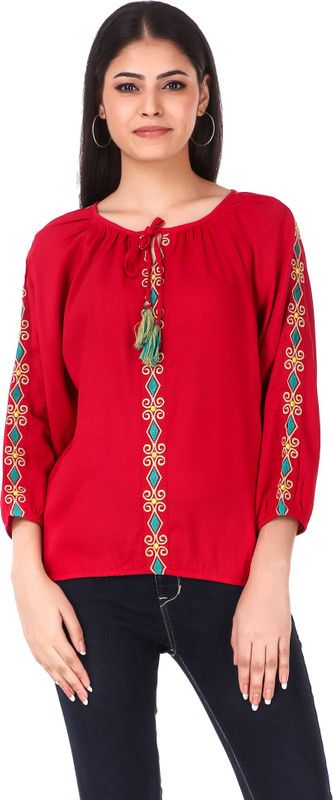 Casual Puff Sleeves Embroidered Women Maroon Top