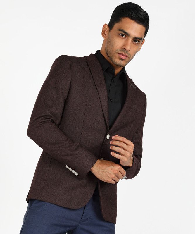Men Self Design Single Breasted Casual Blazer  (Maroon)