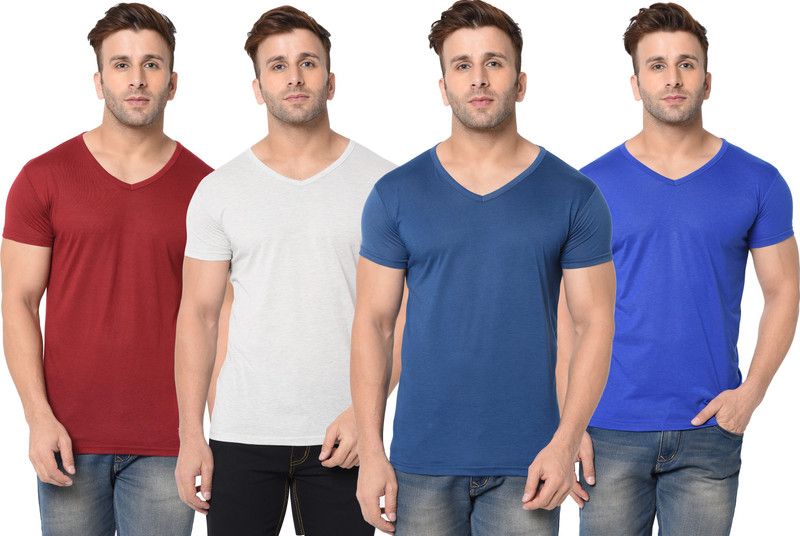 Pack of 4 Tshirt Combo slim fit Men Solid V Neck Cotton Blend Multicolor T-Shirt