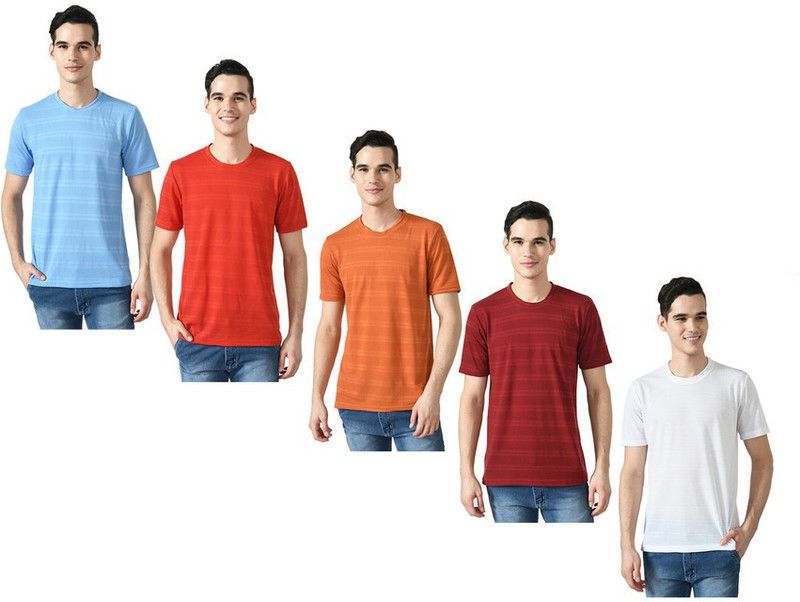 Pack of 5 Men Striped Round Neck Polyester Multicolor T-Shirt