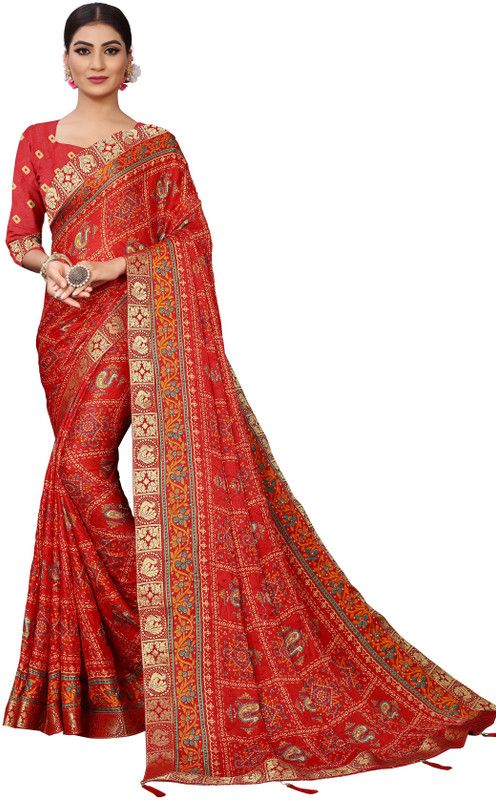 Self Design, Printed, Embellished Bandhani Silk Blend Saree  (Red)