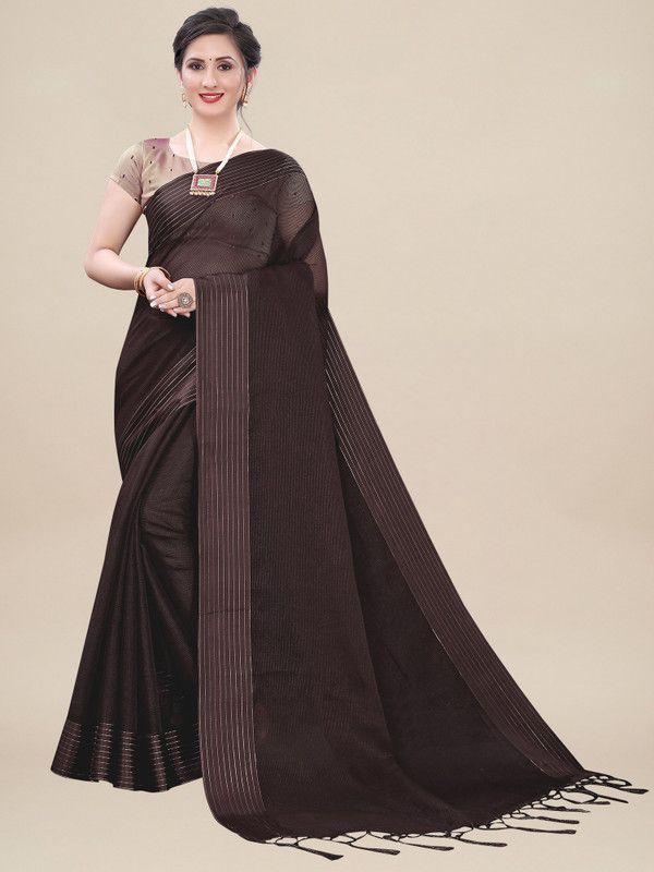 Striped Bollywood Net Saree  (Brown)