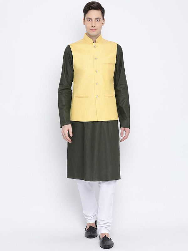 Men Pure Cotton Ethnic Jacket, Kurta and Churidar Set