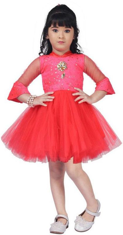 Baby Girls Short/Mid Thigh Festive/Wedding Dress  (Red, 3/4 Sleeve)