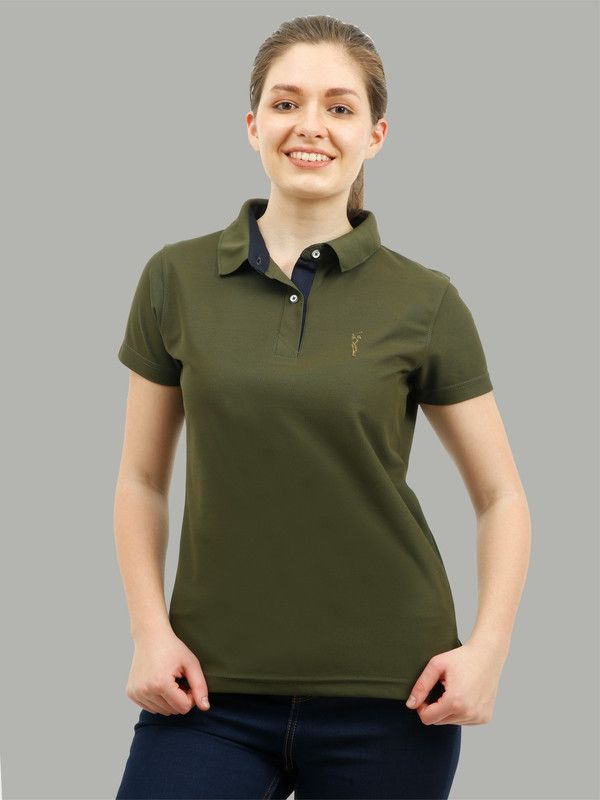 Women Solid Polo Neck Polyester Dark Green T-Shirt