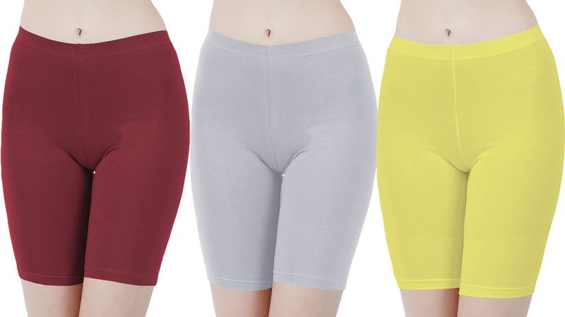 Pack of 3 Solid Women Maroon, Grey, Yellow Cycling Shorts