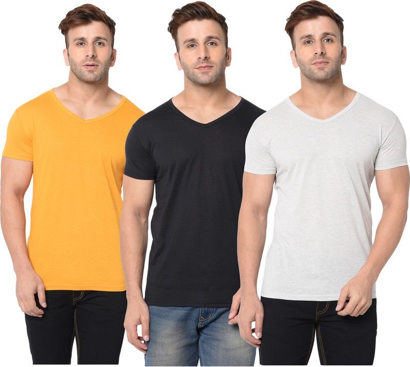 Pack of 3 Men Solid, Self Design V Neck Cotton Blend Black, Yellow, White T-Shirt