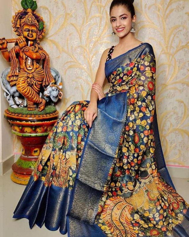 Printed Madhubani Tussar Silk Saree  (Blue)