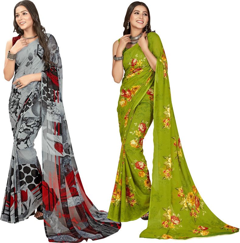 Daily Wear Georgette Saree  (Pack of 2, Grey, Green)
