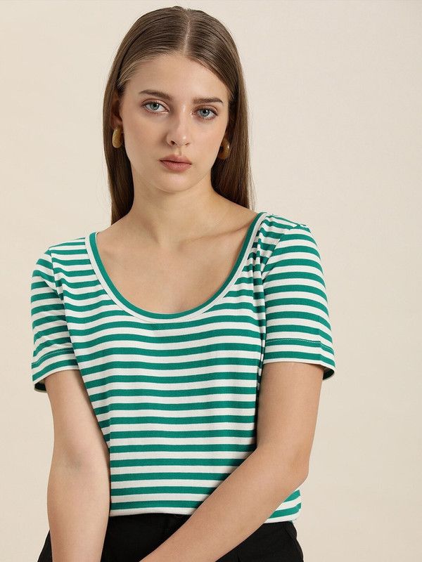 Women Striped Scoop Neck Pure Cotton Green T-Shirt