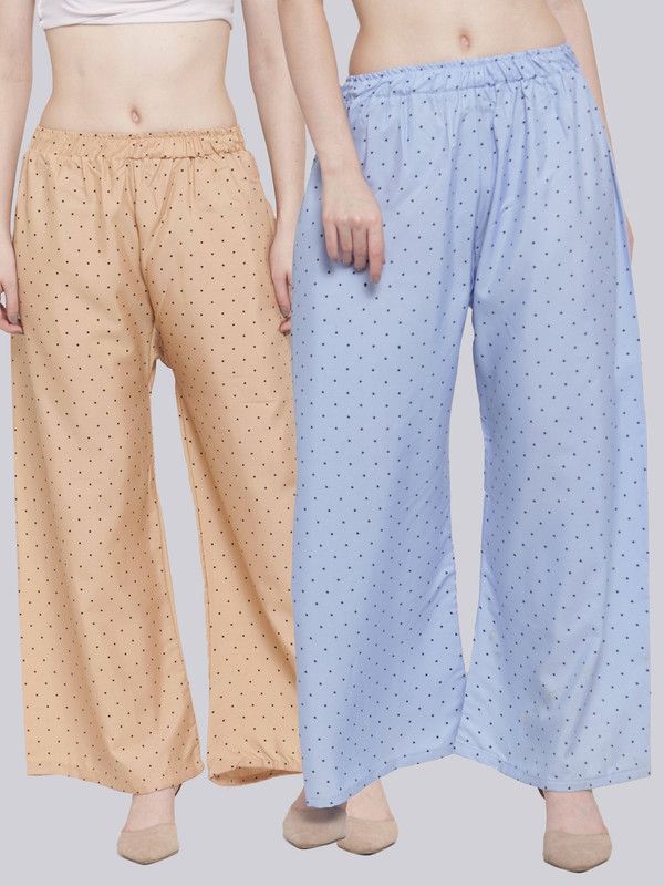Pack of 2 Women Flared Beige, Light Blue Crepe Trousers