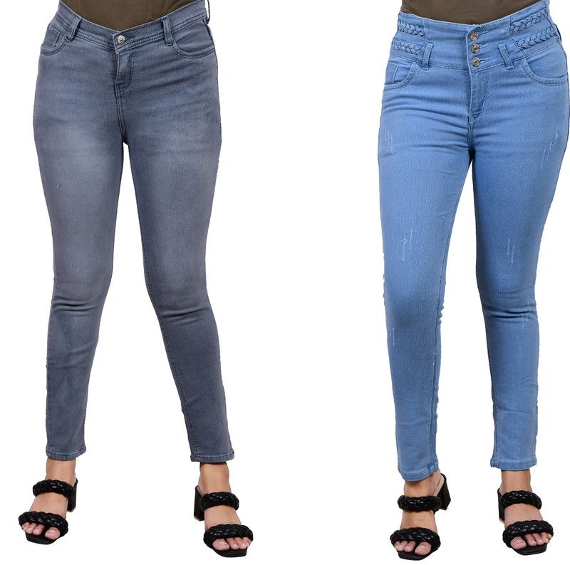 Women Skinny Mid Rise Grey, Light Blue Jeans  (Pack of 2)