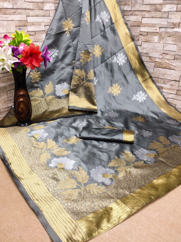 Self Design Venkatagiri Silk Blend Saree  (Grey)