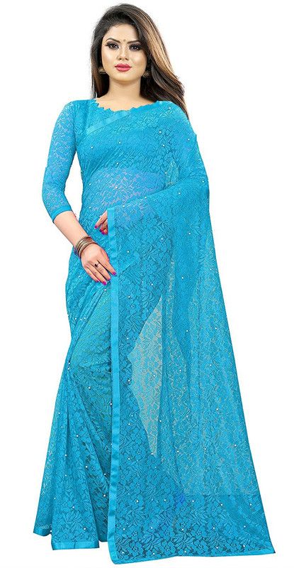 Self Design Fashion Net Saree  (Light Blue)