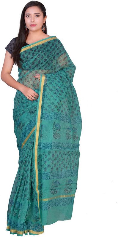 Floral Print Kota Doria Cotton Silk Saree  (Green)