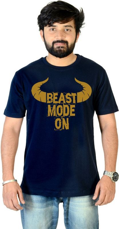 Beast Mode On Men Printed Round Neck Pure Cotton Dark Blue T-Shirt