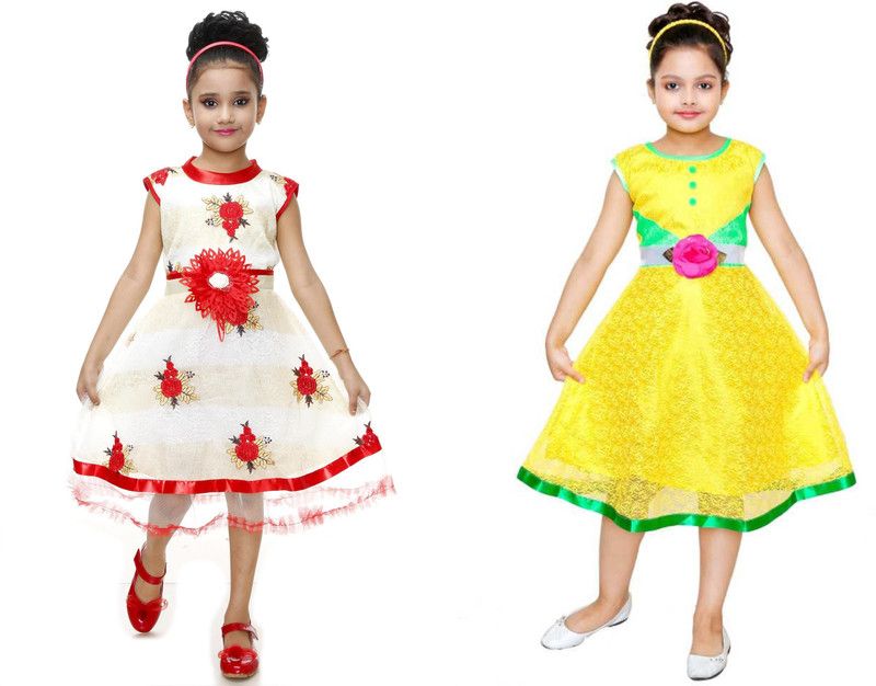 Girls Calf Length Festive/Wedding Dress  (Multicolor, Cap Sleeve)