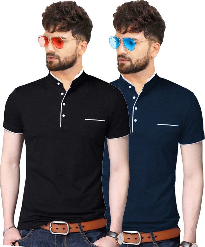 Pack of 2 Men Solid Henley Neck Pure Cotton Dark Blue, Black T-Shirt