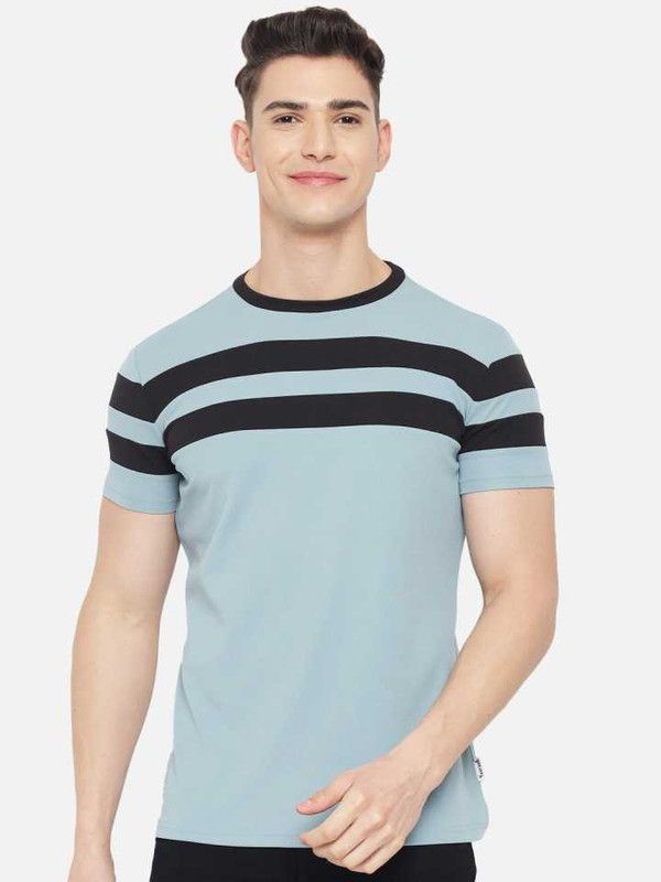 Men Striped Round Neck Polyester Light Blue T-Shirt