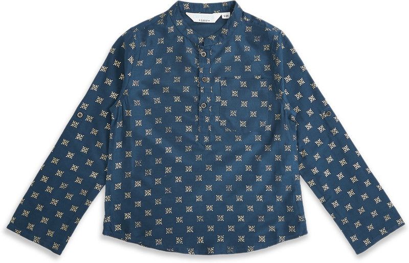 Boys Printed Polyester Straight Kurta  (Blue)