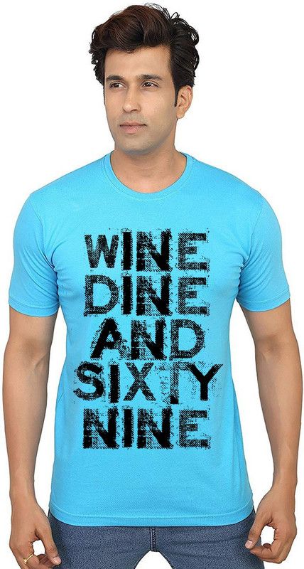 Wine Dine 69 Men Printed Round Neck Pure Cotton Light Blue T-Shirt
